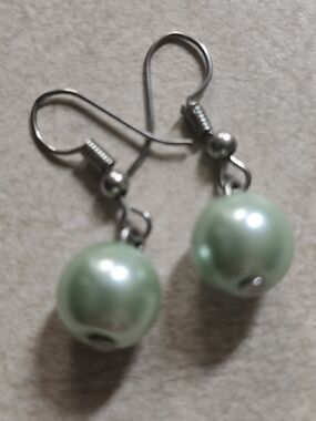 Mint Pearl Drop Earrings with Silver-Tone Hooks - Women Jewelry